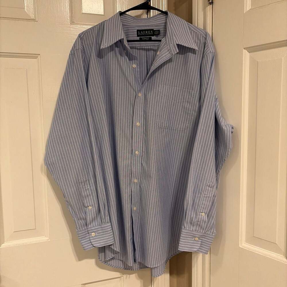 Lauren Ralph Lauren Classic Fit Non-Iron Blue and White Striped Dress Shirt